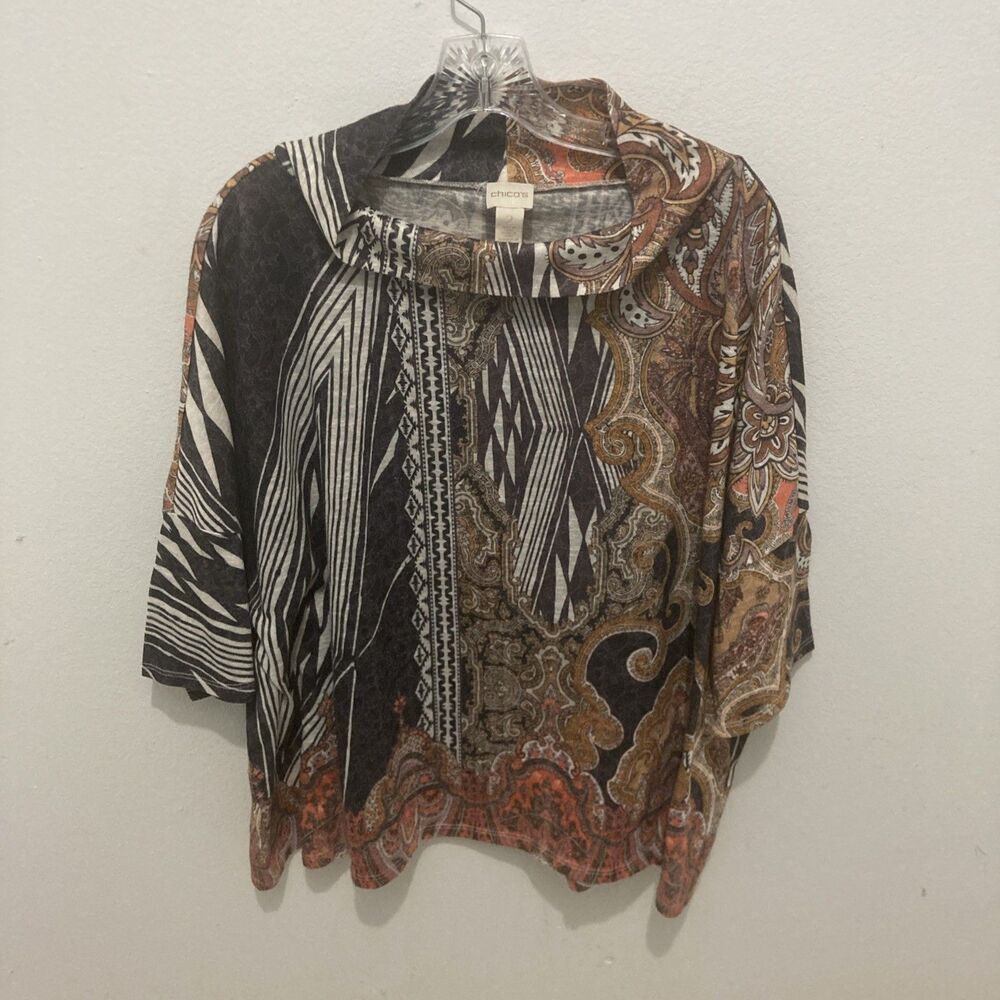 CHICO'S black brown multicolor artsy cowl neck Dolman sleeve boxy top 2